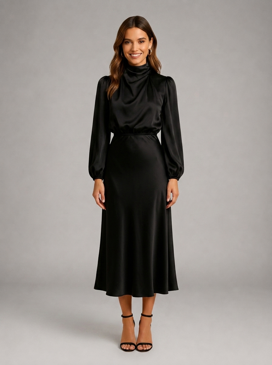 Robe midi à col montant effet satin pour invitée de mariage