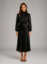 Robe midi à col montant effet satin pour invitée de mariage