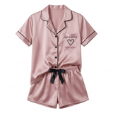 Short Sleeve Satin Pajama Set - Dark Green