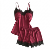 Satin Lace Cami Pajama Set - Black