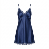 Spaghetti Strap Satin Lace Nightgown - Black
