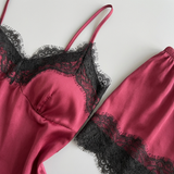 Satin Lace Cami Pajama Set - Black