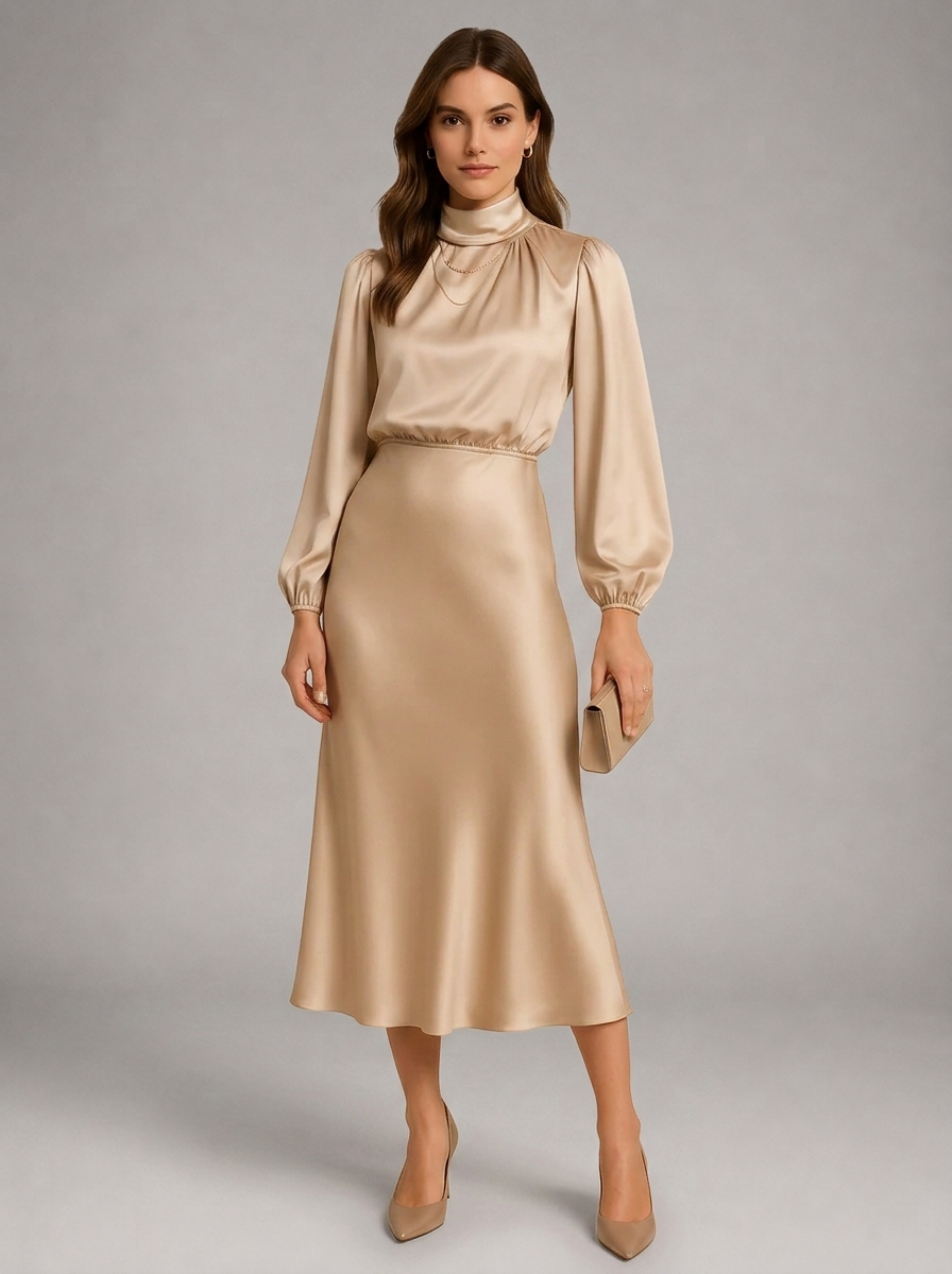 Robe midi à col montant effet satin pour invitée de mariage