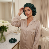 Ensemble bonnet en satin et chouchou - Gris argenté