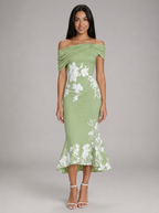 Vestido midi floral de hombros descubiertos para mujer de verano