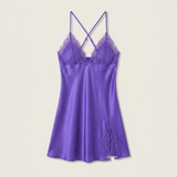 Spaghetti Strap Satin Lace Nightgown - Dark Blue