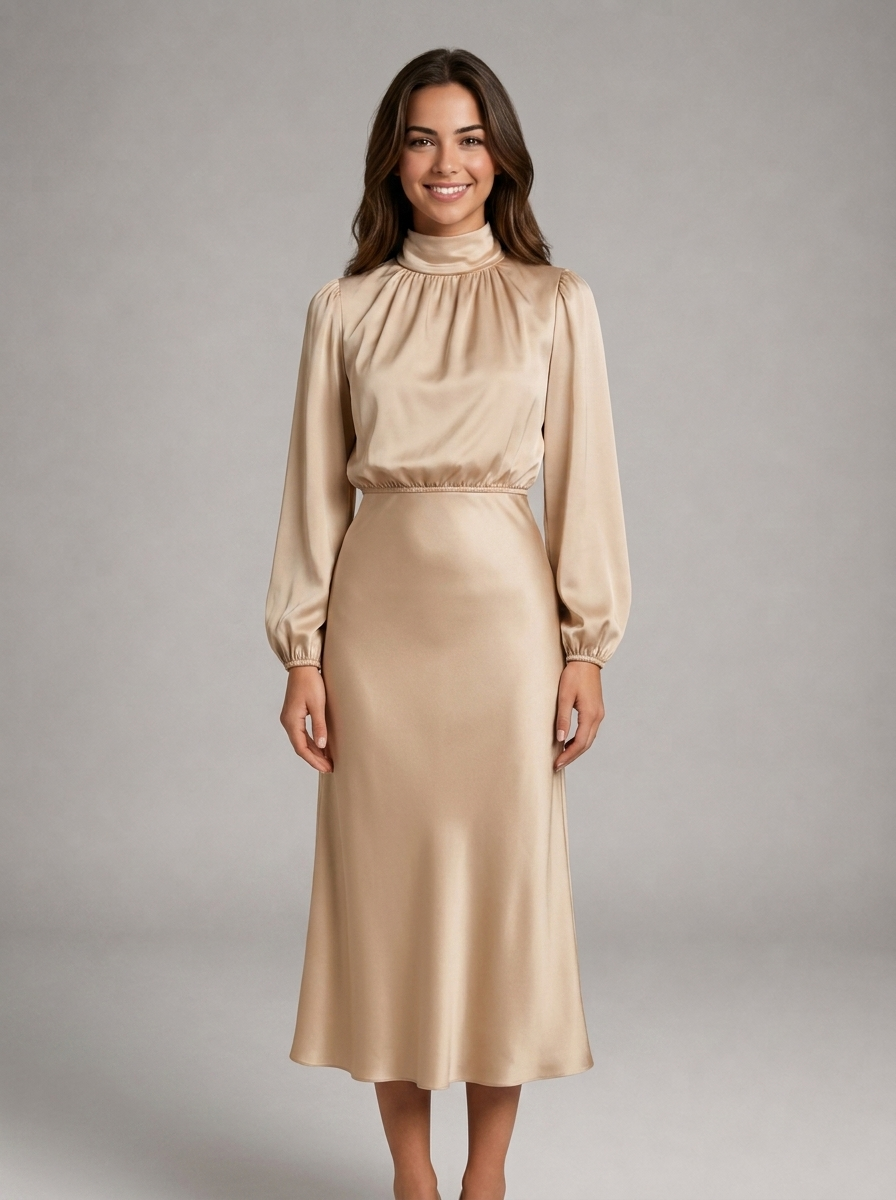 High Neck Satin Feel Midi Dress – Wedding Guest