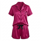 Short Sleeve Satin Pajama Set - Dark Green