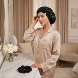Ensemble bonnet en satin et chouchou - Gris argenté