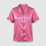 Women Silk Short Sleeve Notch Collar Pajama Set Rose Red