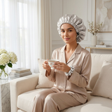 Ensemble bonnet en satin et chouchou - Gris argenté