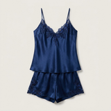 Spaghetti Strap Satin Lace Pajama Set - Pink