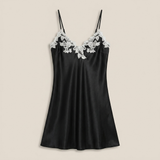 Spaghetti Strap Satin Lace Nightgown - Wine