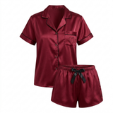 Short Sleeve Satin Pajama Set - Dark Green