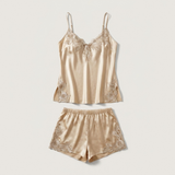Spaghetti Strap Satin Lace Pajama Set - Pink