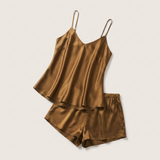 Conjunto de pijama de seda con tirantes y escote en V - Café