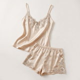 Spaghetti Strap Satin Lace Pajama Set - Pink