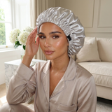 Ensemble bonnet en satin et chouchou - Gris argenté