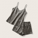 Ensemble pyjama caraco en soie col en V - Gris foncé