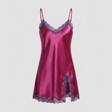 Spaghetti Strap Silk Lace Nightgown - Wine