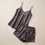 V-Neck Silk Cami Pajama Set - Purple Gray
