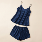 Ensemble pyjama caraco en soie col en V - Bleu foncé