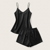 Ensemble pyjama caraco en soie col en V - Noir