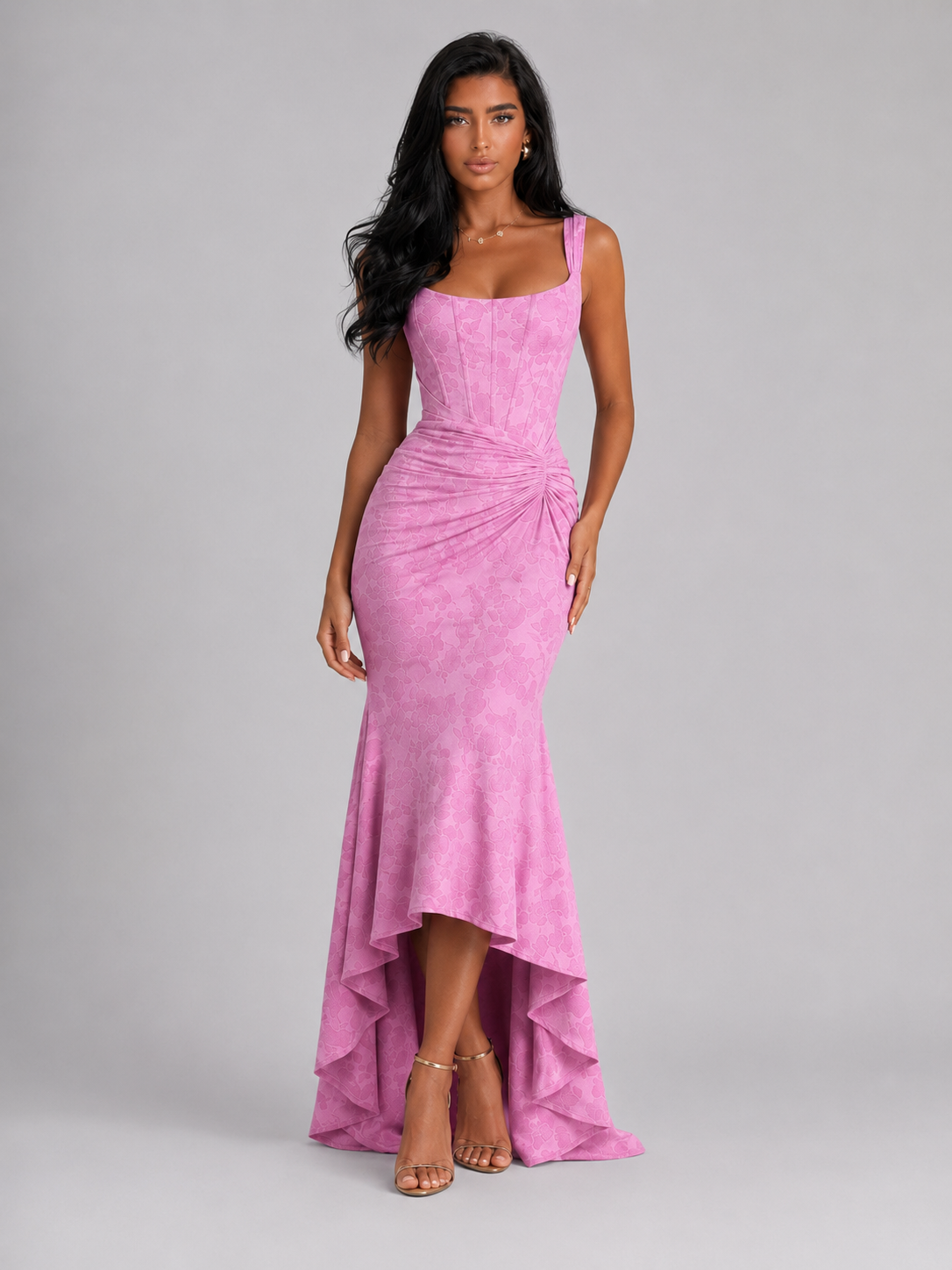 Vestido maxi con corsé floral y cola de pez para mujer de noche