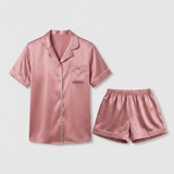 Women Silk Short Sleeve Notch Collar Pajama Set Pale Mauve