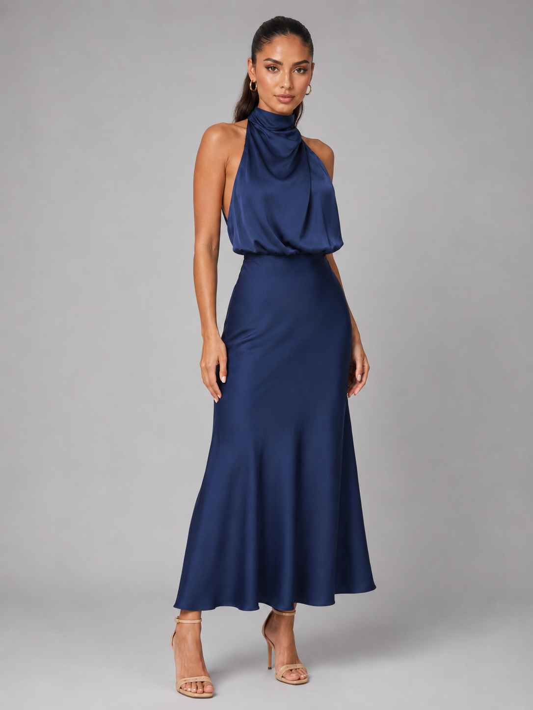 Robe midi à col montant effet satin pour invité de mariage