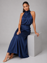 Robe midi à col montant effet satin pour invité de mariage