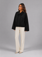 Faux suede oversized shirt jacket – campaign shot – Nude & Nero