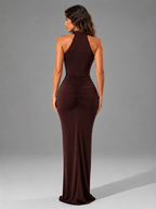 Ruched High Neck Side Split Maxi Dress Wedding Guest