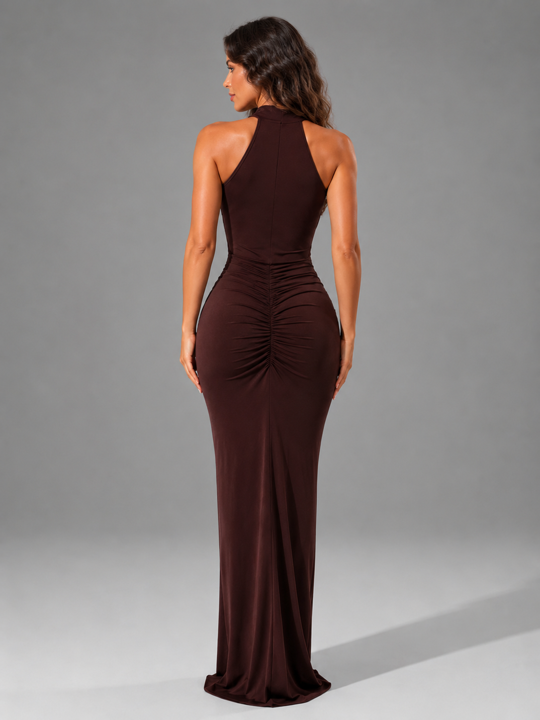 Robe maxi fendue sur le côté à col montant froncé pour invité de mariage