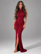 Ruched High Neck Side Split Maxi Dress Wedding Guest