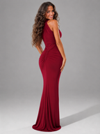 Ruched High Neck Side Split Maxi Dress Wedding Guest