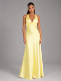 Robe maxi halter froncée effet satin pour soirée femme