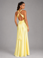 Robe maxi halter froncée effet satin pour soirée femme