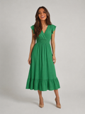 V Neck Shirred Waist Midi Dress Summer Women