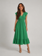 V Neck Shirred Waist Midi Dress Summer Women