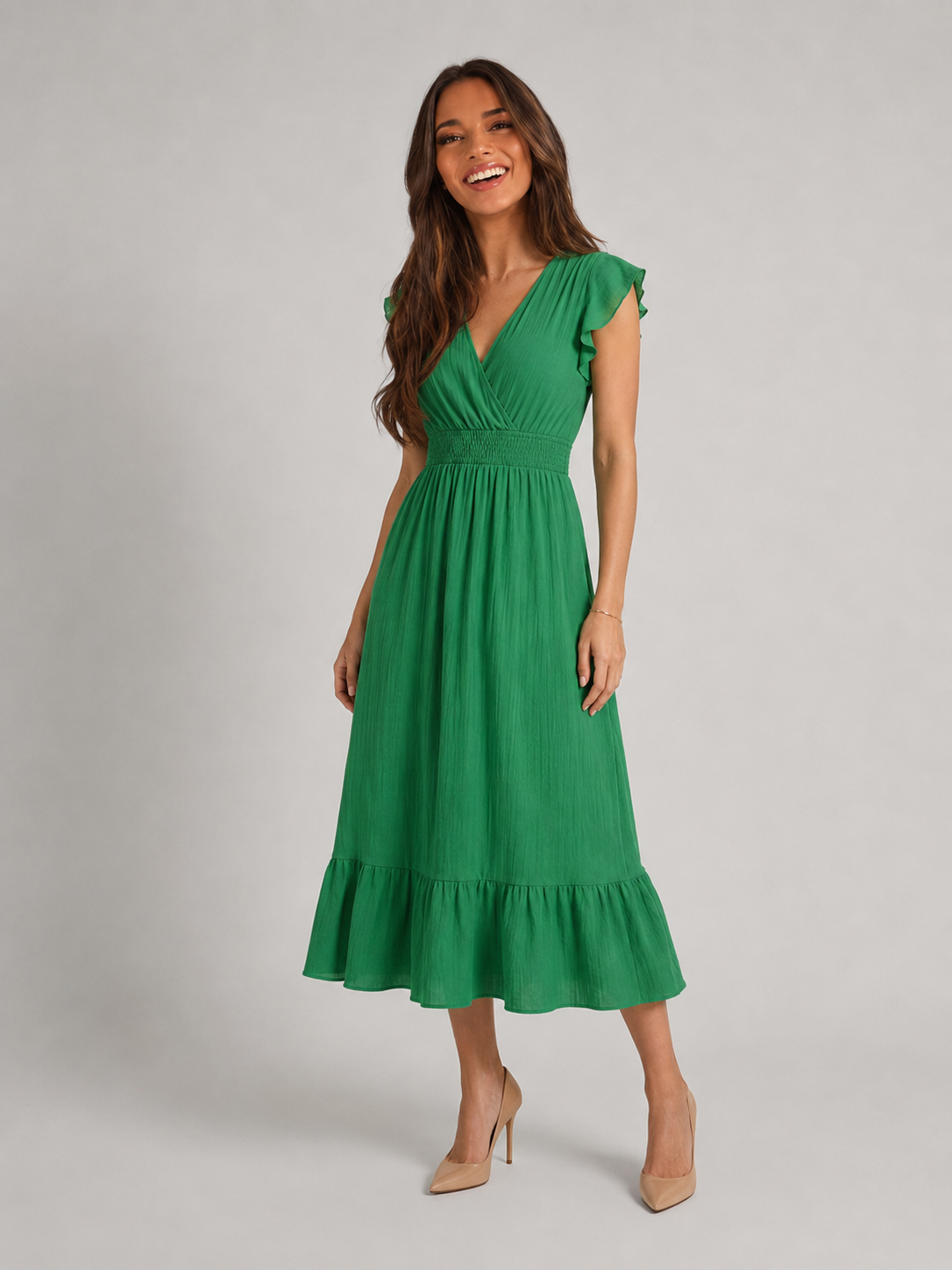 V Neck Shirred Waist Midi Dress Summer Women