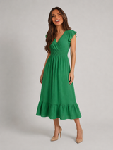 Robe midi à col en V et taille froncée pour femme en été