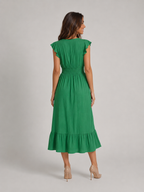 V Neck Shirred Waist Midi Dress Summer Women