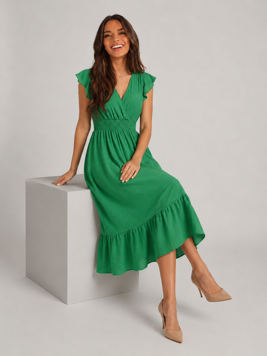 V Neck Shirred Waist Midi Dress Summer Women