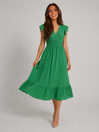 V Neck Shirred Waist Midi Dress Summer Women