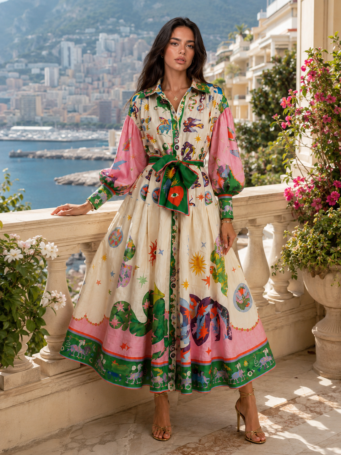 Printed Belted Maxi Shirt Dress Summer Women