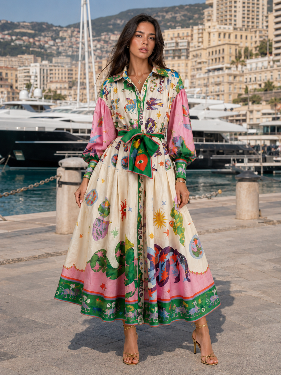 Printed Belted Maxi Shirt Dress Summer Women
