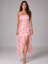 Robe maxi fendue à volants pour invité de mariage