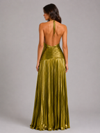 Pleated Halter High Split Maxi Dress Evening Women