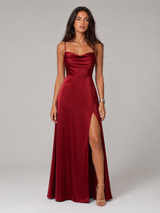 Satin Feel Cowl Neck Side Split Maxi Dress Evening Women